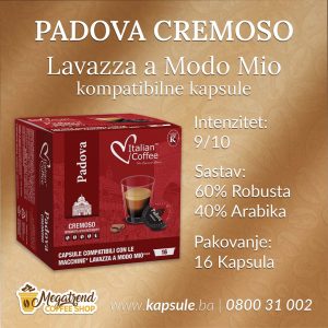 Padova Cremoso kapsule kompatibilne sa Lavazza a Modo Mio aparatima, 60% Robusta i 40% Arabika, intenzitet 9/10, pakovanje 16 kapsula – prodaje Megatrend Coffee Shop