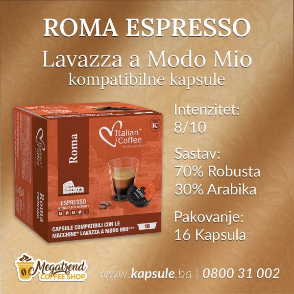 Roma Espresso kapsule kompatibilne sa Lavazza a Modo Mio aparatima, 70% Robusta i 30% Arabika, intenzitet 8/10, pakovanje 16 kapsula – prodaje Megatrend Coffee Shop