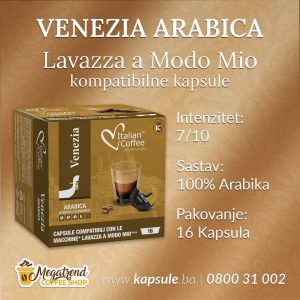 Venezia arabica kapsule kompatibilne sa Lavazza a Modo Mio aparatima, 100% Arabika, intenzitet 7/10, pakovanje 16 kapsula – prodaje Megatrend Coffee Shop