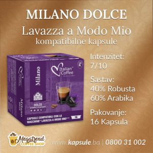 Milano Dolce kapsule kompatibilne sa Lavazza a Modo Mio aparatima, 40% Robusta i 60% arabika, intenzitet 7/10, pakovanje 16 kapsula – prodaje Megatrend Coffee Shop